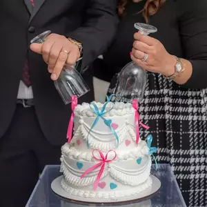 عکس کیک تعیین جنسیت در حال بریدن کیک