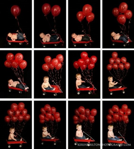 عکسهای ماهگرد نوزادان با استفاده از بادکنک قرمز یک ایده جذاب و منحصربه‌فرد است 