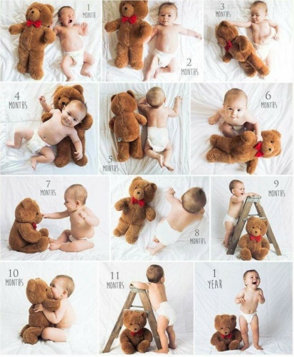ایده عکس ماهگرد نوزاد در منزل با استفاده از عروسک‌ خرس 